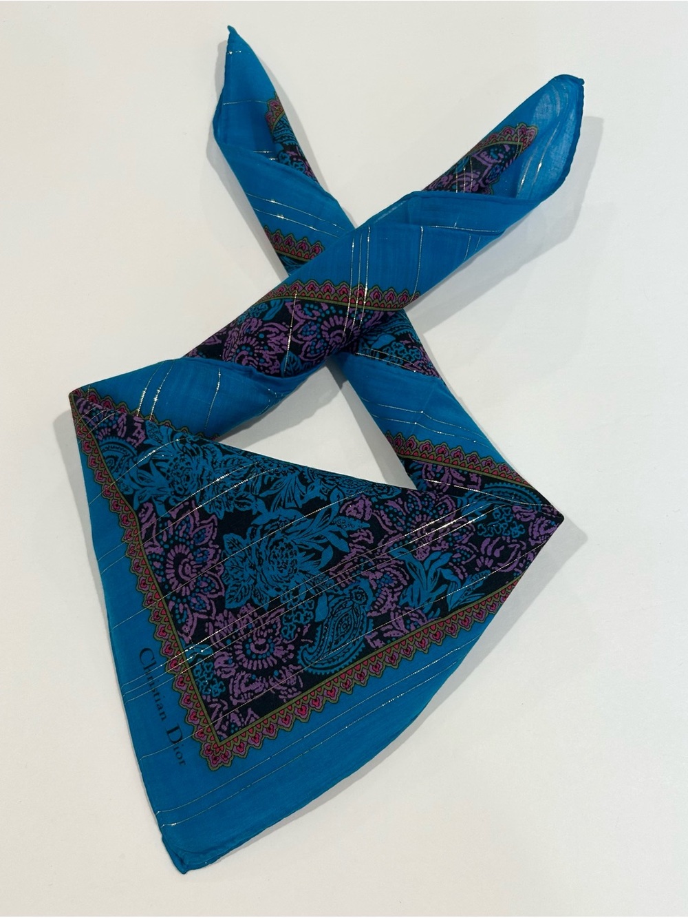 Women Handkerchief Christian Dior Floral Paisley Blue Cotton Pocket Square 20”